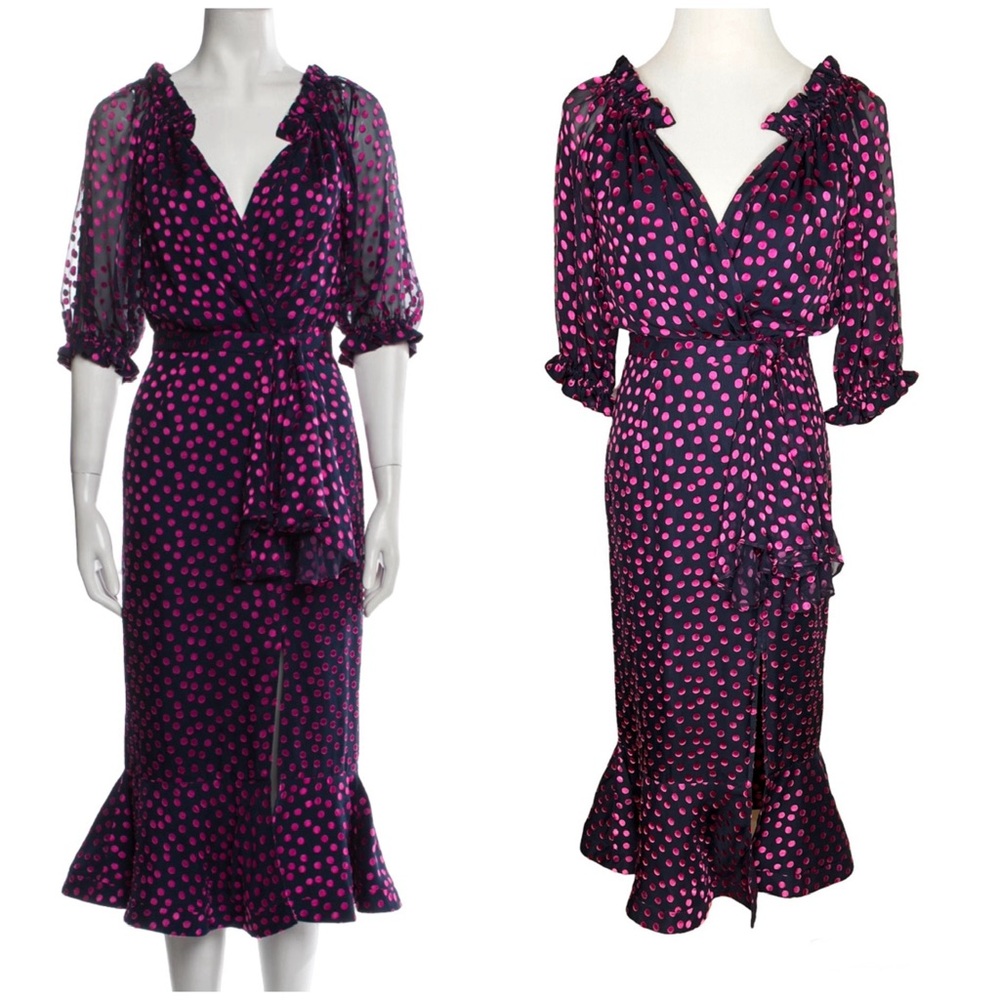 SALONI-Navy and Pink Polka Dot Midi Dress